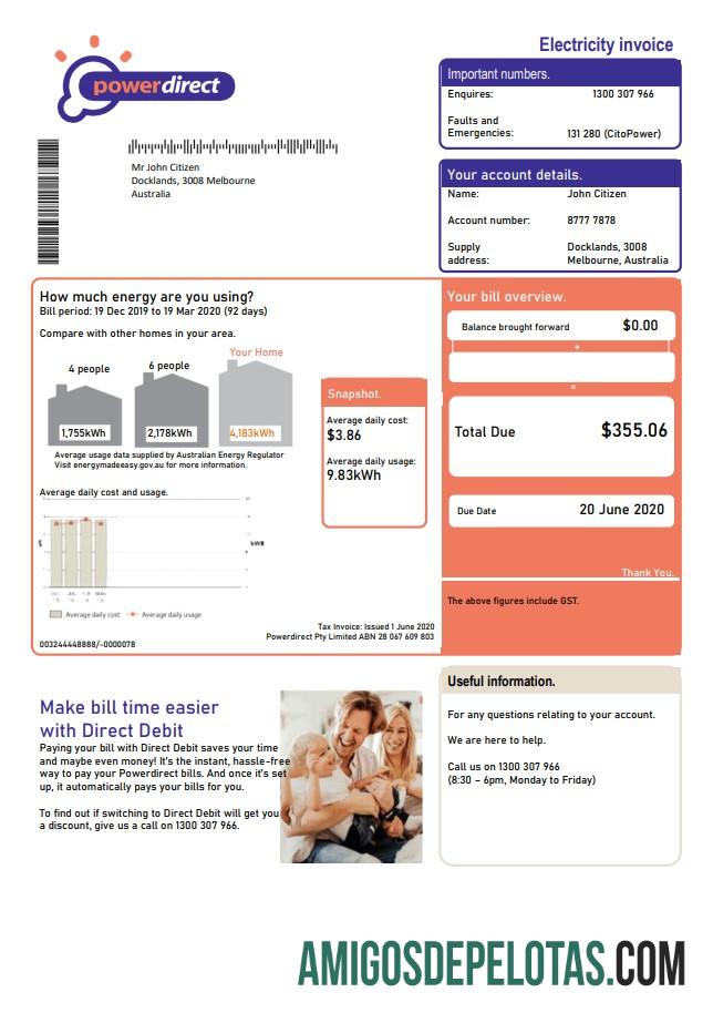 Conta de serviços públicos de eletricidade Powerdirect da Austrália amostra